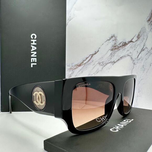 CHANEL Sunglasses Black Square Shield Gold CC Gradient Brown Lens - Picture 10 of 16